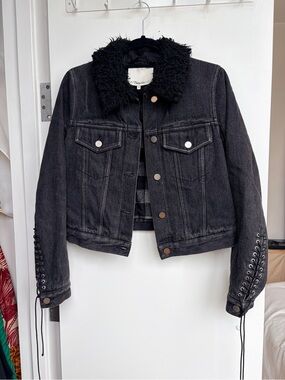 3.1 Phillip Lim Black Denim Jacket with Faux Fur Sherpa Collar Size 2